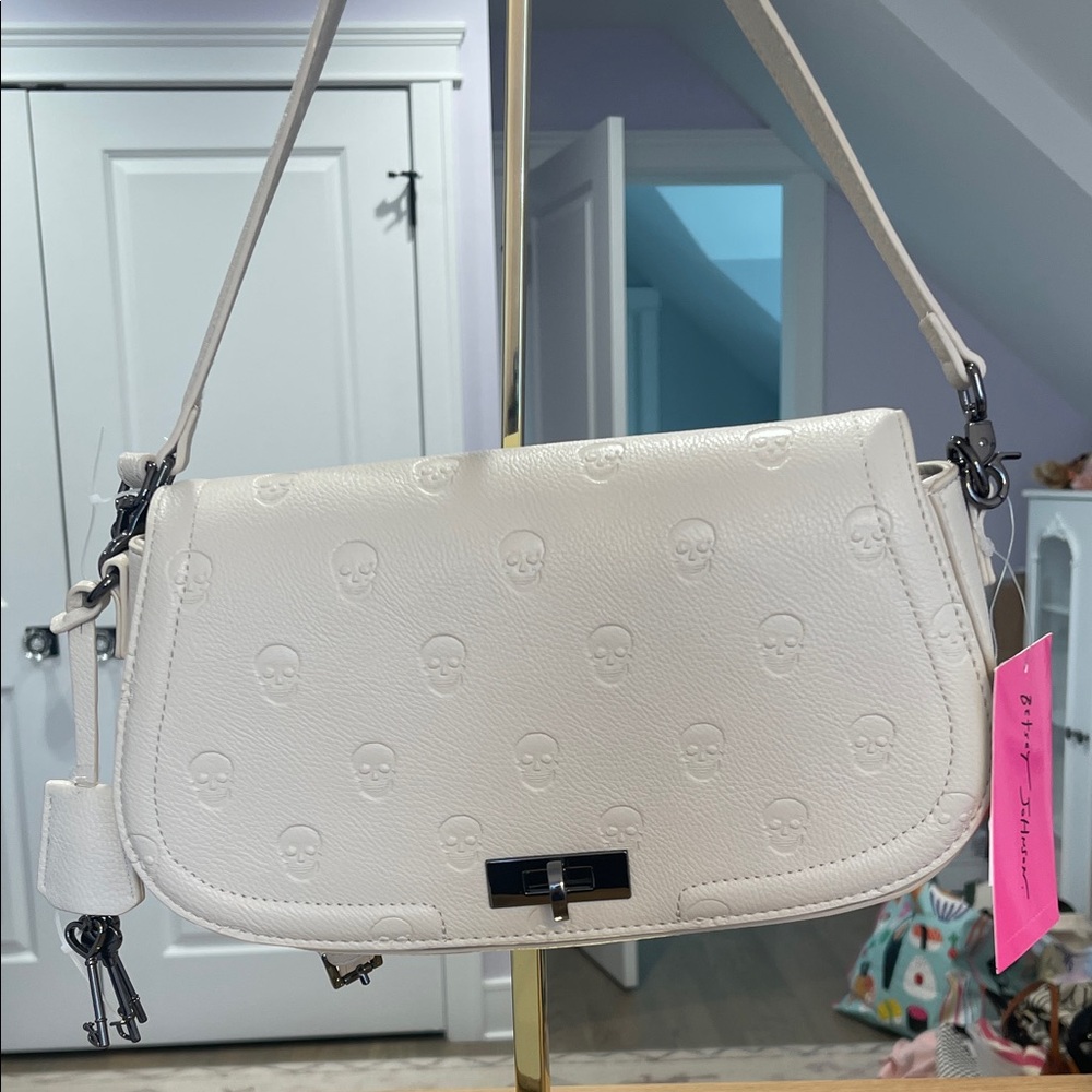 Betsey Johnson White Embossed Skull Leather Shoulder Bag NWT